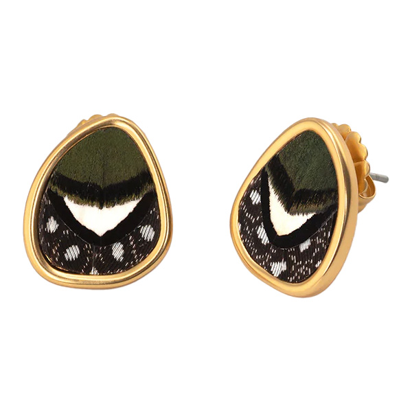 Brackish Cascade 2.0 Emerald, White, and Black Feather Stud Earrings in Gold Frame 1 Brackish Cascade 2.0 Emerald, White, and Black Feather Stud Earrings in Gold Frame