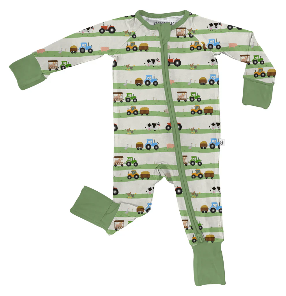 Goosies Kid's Long-Sleeve Zip PJ - Farm Stripe 1 Goosies Kid's Long-Sleeve Zip PJ - Farm Stripe