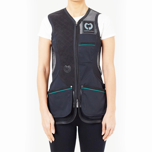 Castellani Women's Evo Mesh Alcantara Shooting Vest - Black/Teal 1 CASTELLANI WOMENS EVO MESH ALCANTARA SHOOTING VEST 041-010 Black/Teal