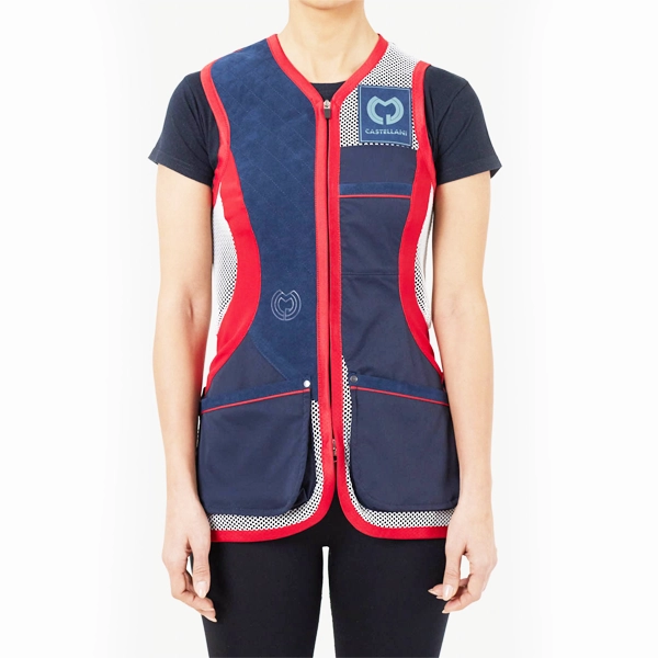Castellani Women's Evo Mesh Alcantara Shooting Vest - Red/Blue/White 1 CASTELLANI WOMENS EVO MESH ALCANTARA SHOOTING VEST 041-173 Red/Blue/White